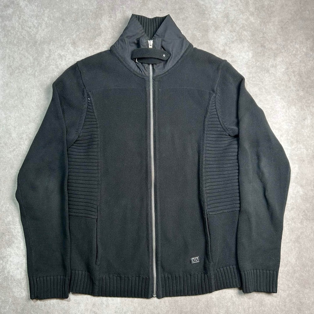 Armani Exchange Mens L Black Full Zip Cotton Knit Sweater Mock Neck Buckle